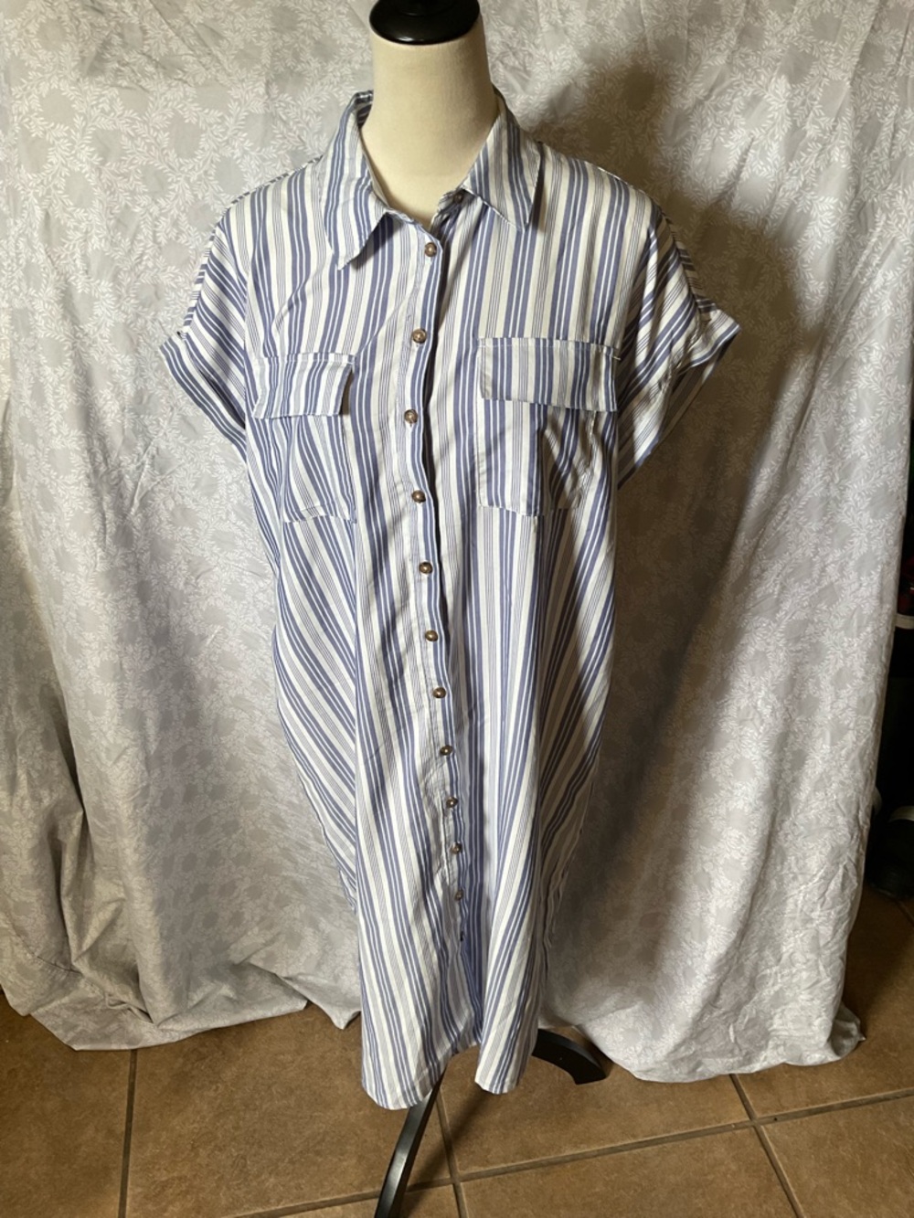 Button-Front Blue and White Striped Midi Shirt Dress